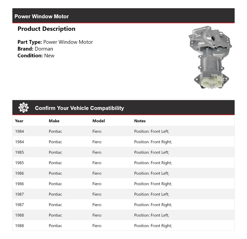 Motor de ventana eléctrica Pontiac Fiero Dorman 1984-1988 1985 1986 1987 Foto 2 de 4