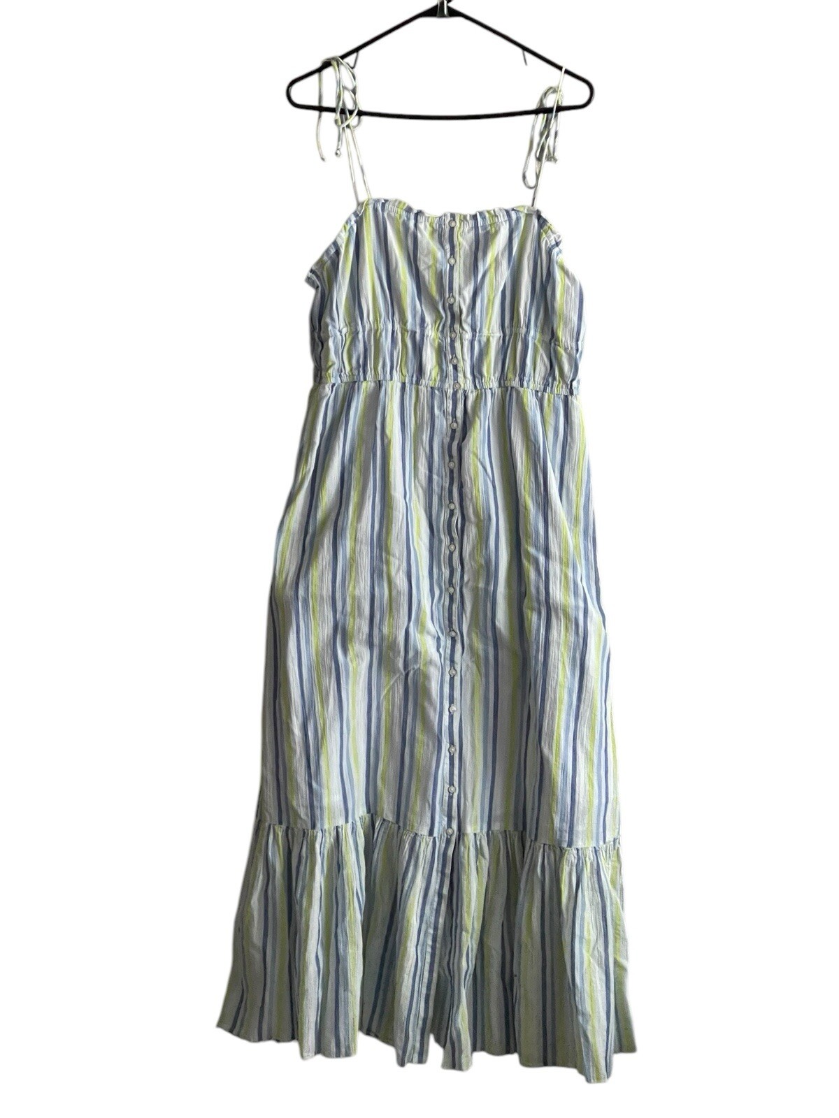 Aerie Maxi Sundress Large Stripes Tiered Smocked Strappy Blue Yellow