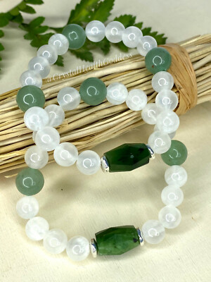 Selenite Green Jade Aventurine Bracelet 925 Sterling Silver
