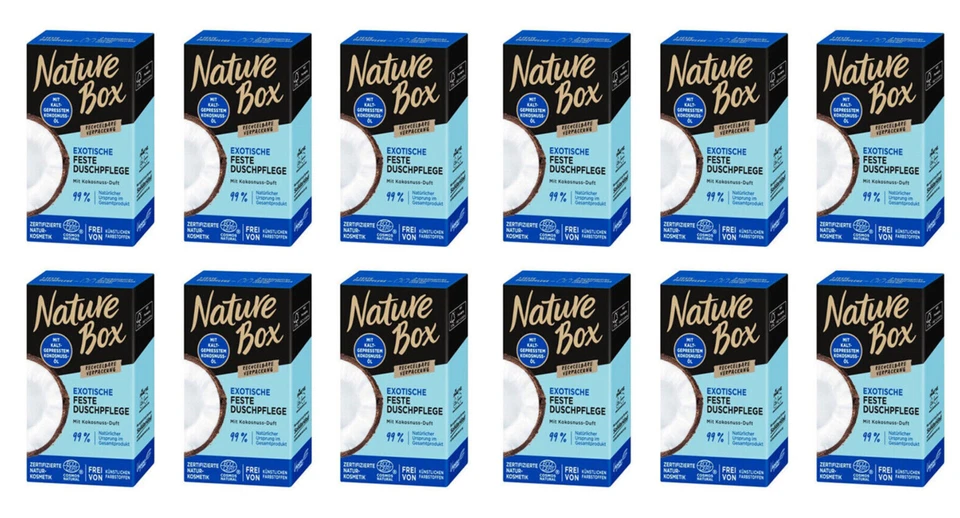 12x Nature Box Exotische Festes Duschpflege mit Kokosnuss-Duft, 100g NEU