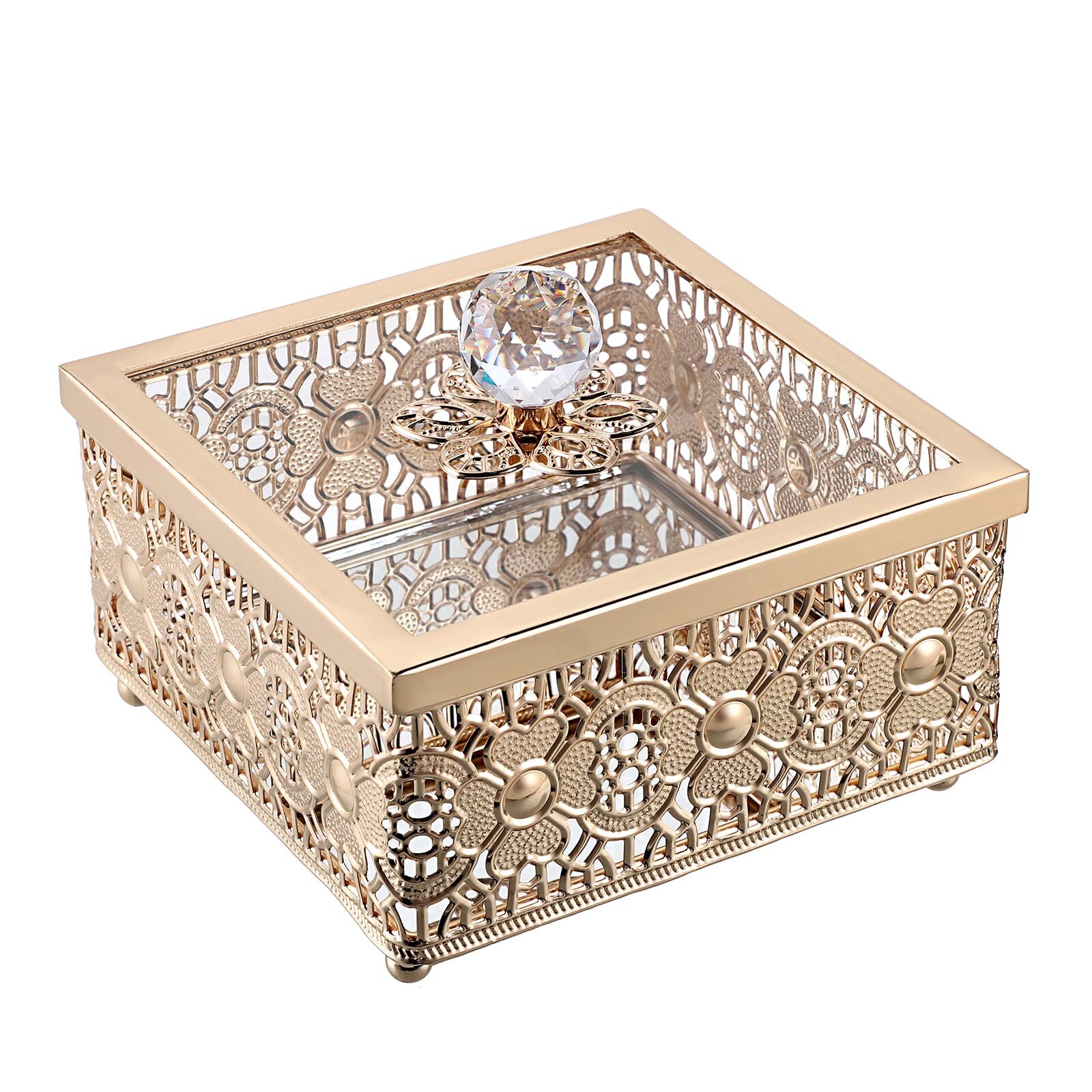 Hipiwe Vintage Gold Jewelry Box with Glass Lid Mirrored Trinket Box Square Ho...