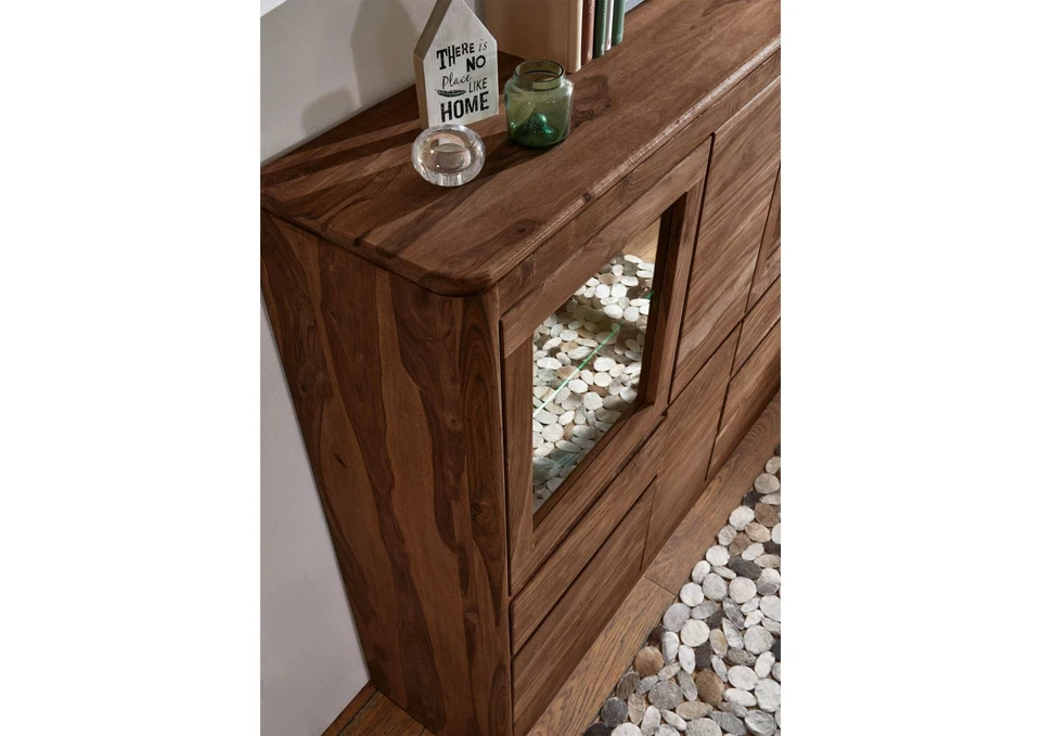 Highboard Wohnzimmerschrank Vitrine - m. Glasböden - Massivholz Sheesham 166x145 - Bild 4 von 4