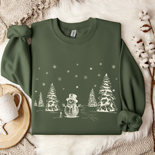Snowman Vintage Winter Scene Sweatshirt Holiday Folklore Cozy Christmas Pullover