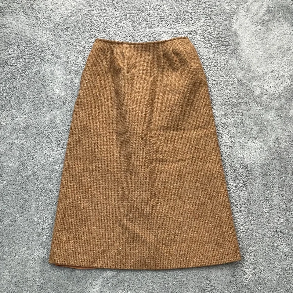 复古羊毛裙女式 8 棕色粗花呢千鸟格丝绸铅笔学院开衩 — 第 4/4 张图片