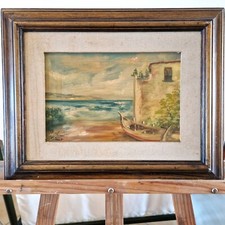 Quadro di Casa con barca sul mare. Olio su legno