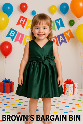 Green Satin Holiday Dress Toddler Girl Formal Party Dress w/ Bow Size 2-3 years