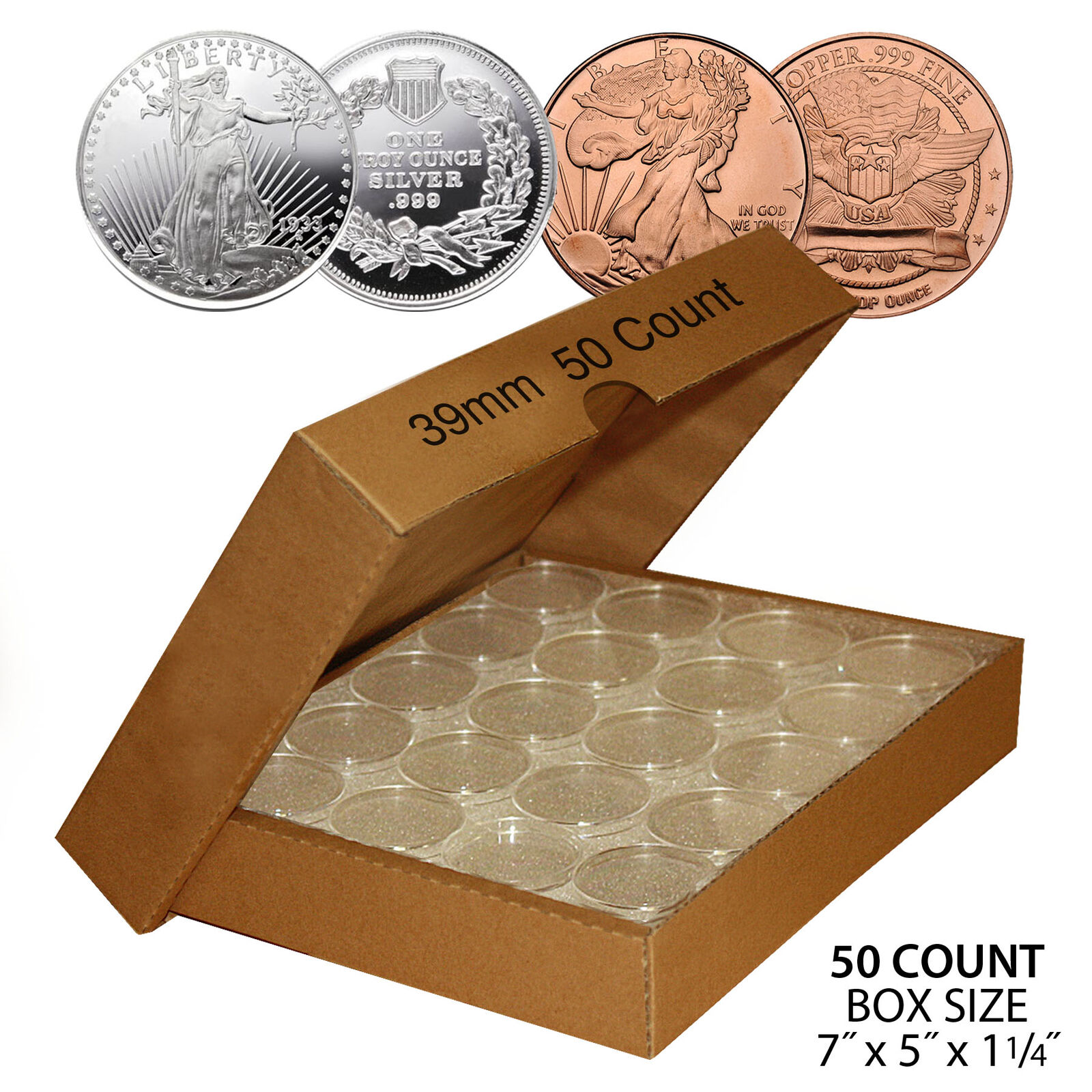 50 plata o cobre rondas Direct-Fit 39mm Soporte de cápsula de moneda (cantidad: 50) Con Caja
