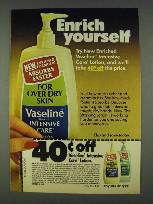 1978 Vintage Vaseline Intensive Care Lotion Ad for Enriched Skin Hydration