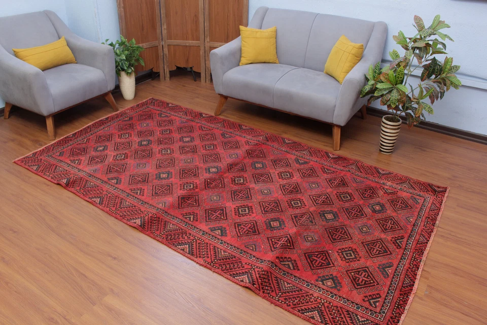 5X9 Vintage Hand Knotted Oriental RED Wool Geometric Traditional Area Rug - Image 4 of 4