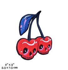 Skull Skeleton Face Red Cherry Punk Goth Biker Embroidered Iron On Patch