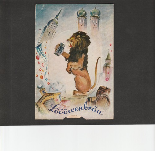 vintage Lowenbrau German Beer Mechanical Postcard Lion w/ Stein