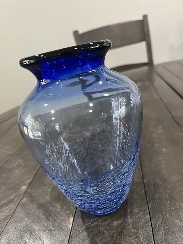 Vintage Blenko Blue Crackle Art Glass 6.5" Vase Beautiful