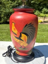 Barn Red Ceramic Lamp with Hand-Painted Country Red Rooster, #CottageCore & More