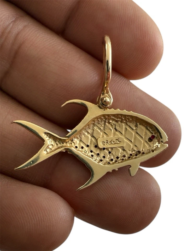 Customized 14kt Gold Permit Fish With Natural Red Ruby Eye & Diamonds Pendant - Image 2 of 3