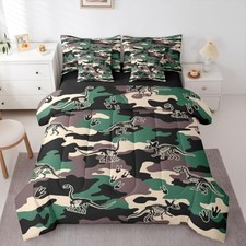 Army Camouflage 7 Piece Bedding Set Camo Dino Comforter Set Twin Z Green Black