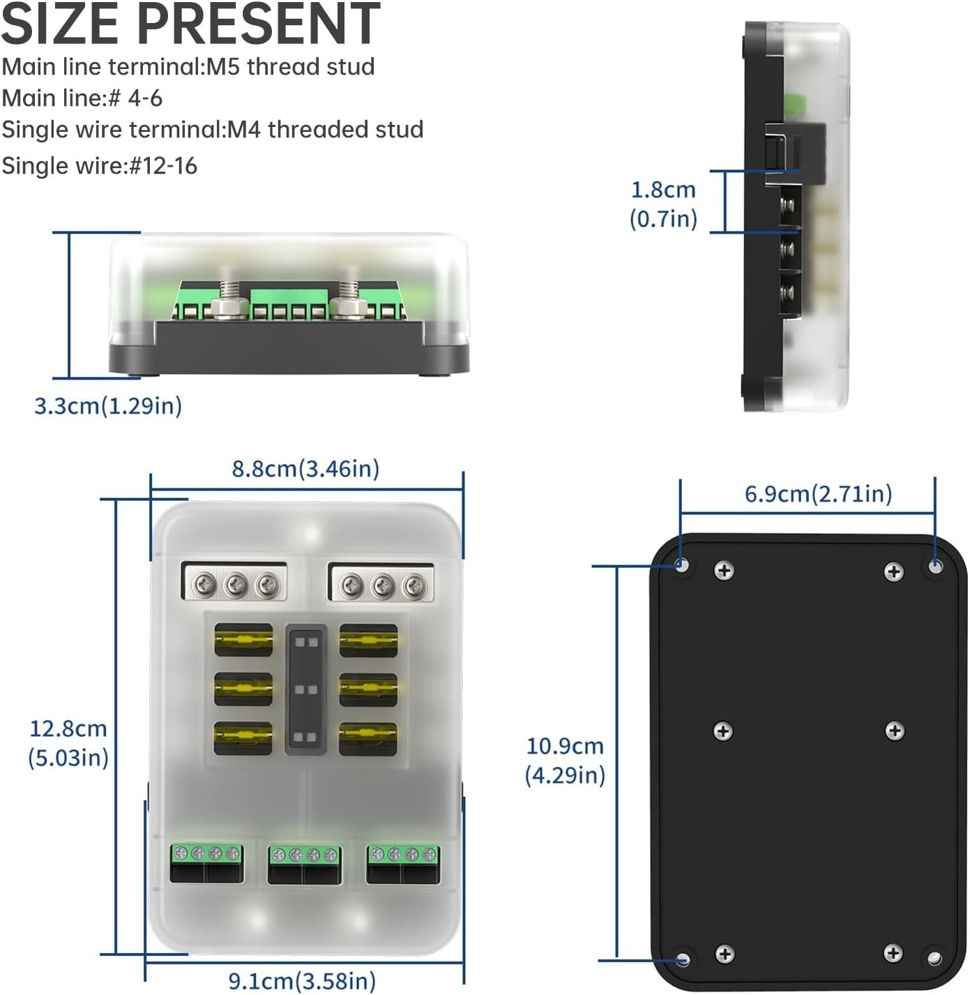 12V Fuse Block with Relay, Automotive 6 Circuits Fuse Box With ACC Interface, Un