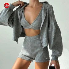 AIo Zipper Hooded Cardigan Sweatshirt V-neck Chest + Shorts Casual 3-Piece Set