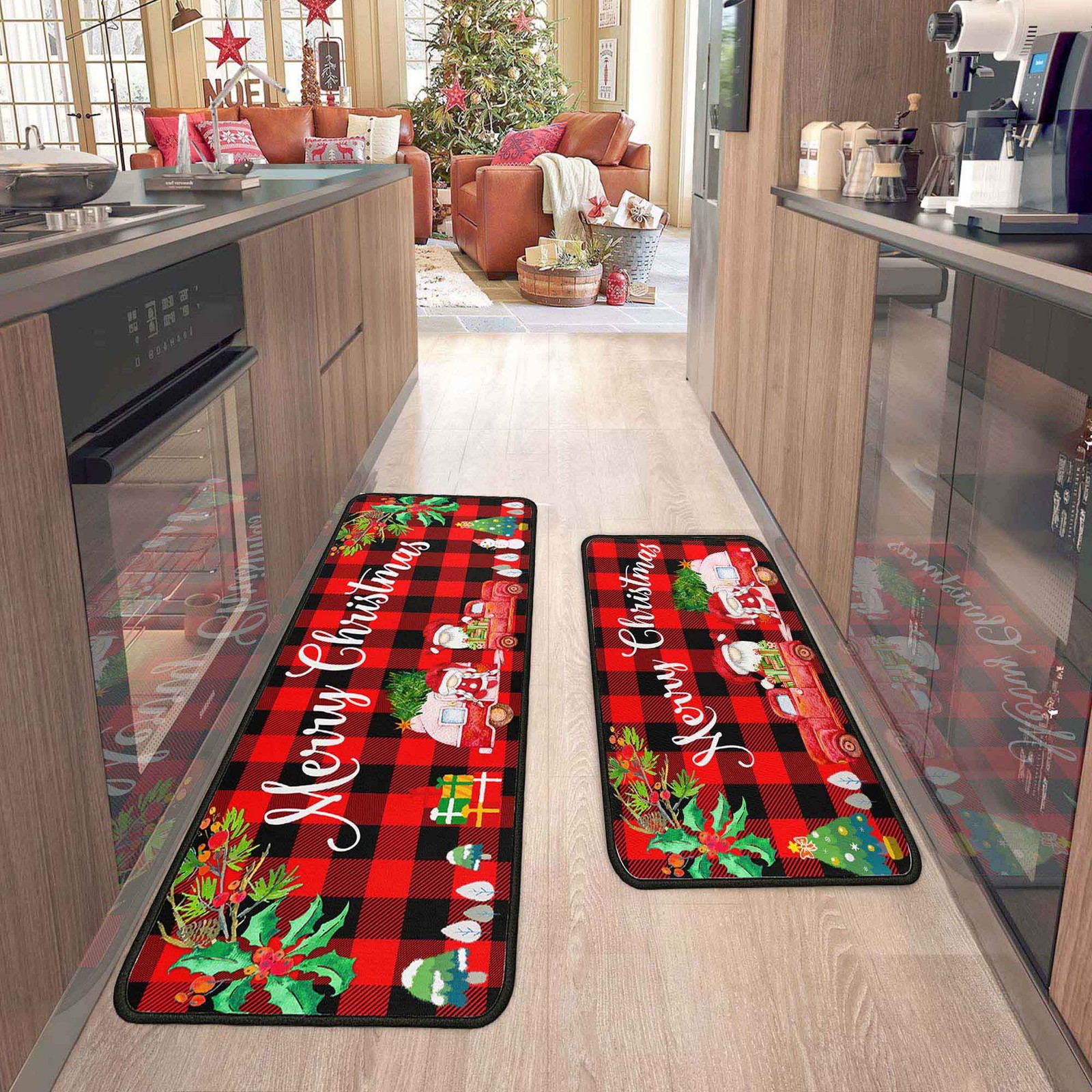 2 Pcs Christmas Kitchen Rugs and Mats for Floor Non-Slip Backing Mat Merry Ch...