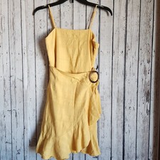 American Eagle Yellow Faux Wrap Mini Dress Smocked Back O-Ring Detail Small