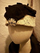 Vintage Black Hat with Cream Lace Trim Size Medium No Tags Great Condition