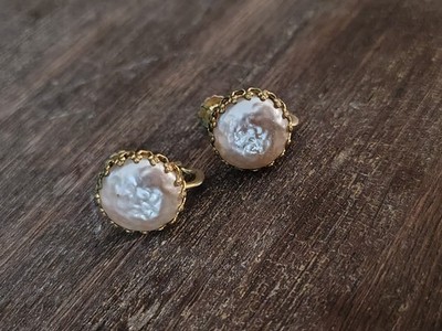 vintage Miriam Haskell signed gold glass pearl clip on earrings