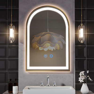 Gold Arched 24''x36'' LED Bathroom Mirror, Dimmable, Anti-Fog, Touch Control