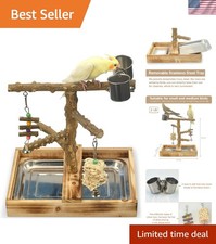 Luxury Natural Wood Bird Playground with Stainless Steel Cups  Removable Tray