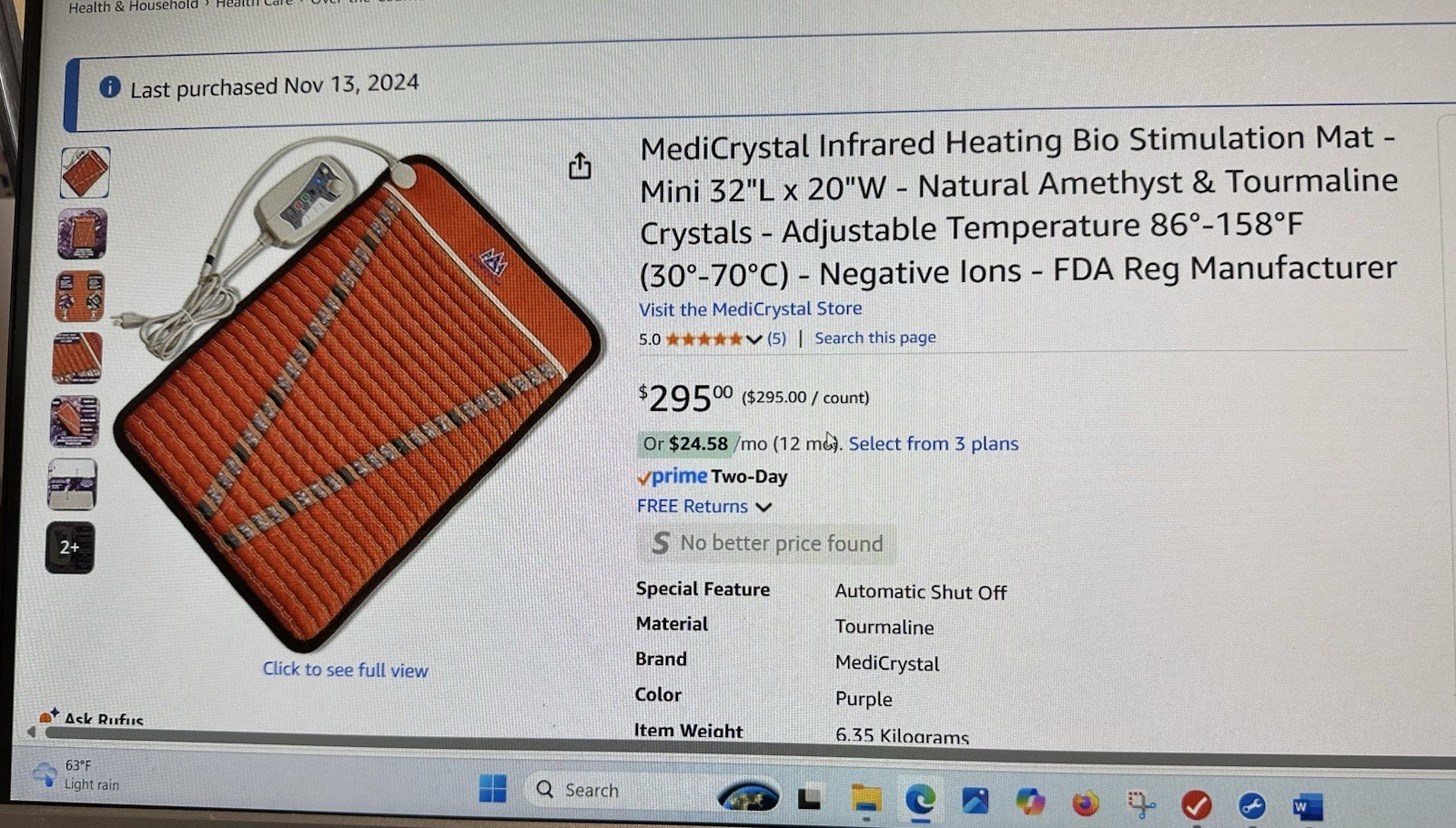 MedicrystaI Infrared Heating Stimulation Mat-Mini 32"L x 20"W-Natural Amethyst