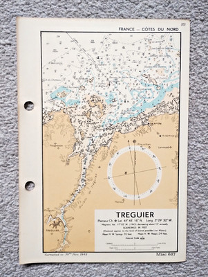 Treguier, France - 1943 Vintage Admiralty Royal Navy Map