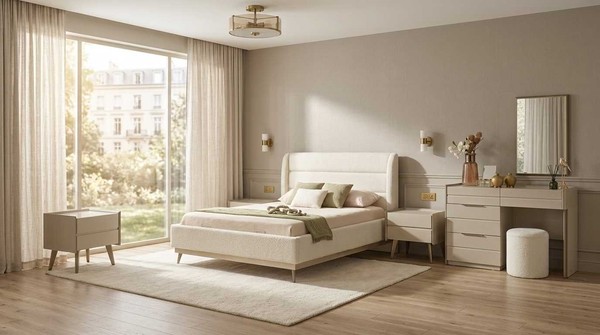 Schlafzimmer Set Beige Modern Luxus Bett Kommode Spiegel Hocker-image