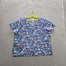 Disney Women Scrub Top 2X/2XG Blue Graphic Mickey Mouse Print