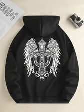 Men's Heavyweight Hoodie - Gothic Angel Wings Cross Print Pullover Sweatshirt, A
