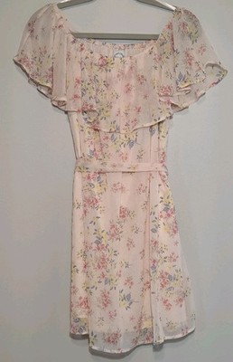 Francesca's Floral Dress Chiffon Off Shoulder Ruffle Blue Rain Medium