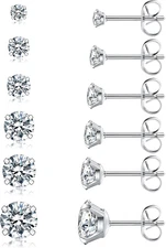 6 Pairs Stud Earrings Set, Hypoallergenic Cubic Zirconia 316L Earrings Stainless