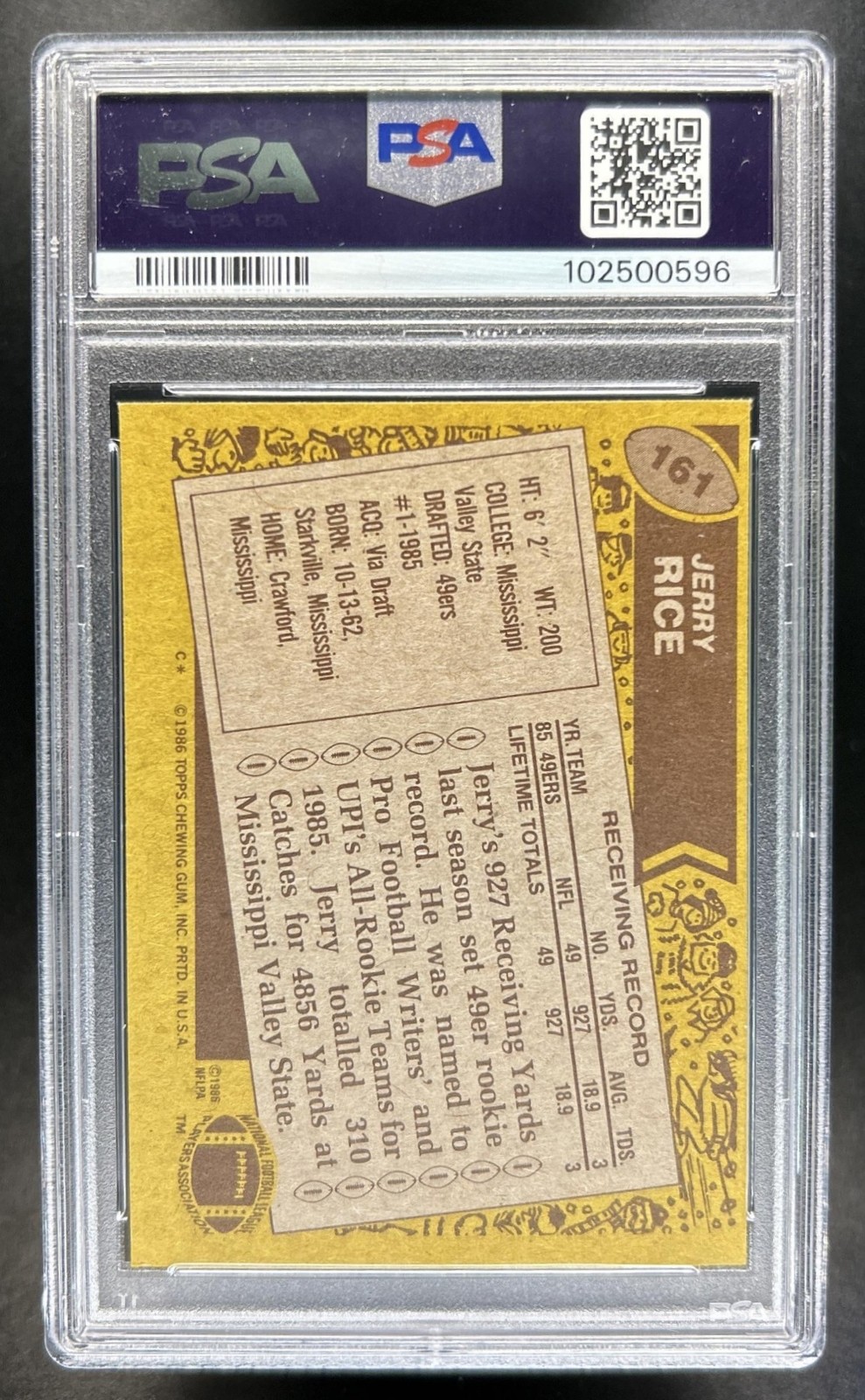 1986 Topps Jerry Rice Rookie RC #161 49ers PSA 8.5 view 2
