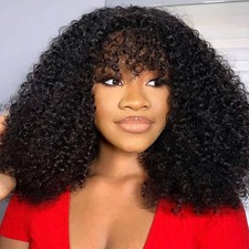 Glueless Bob Wig Human Hair Short Curly with Bangs 14" 200 BLACK