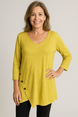 Chalet Women's Pistachio V-Neck Asymmetrical Tunic Top With Side Buttons & 3/4 S