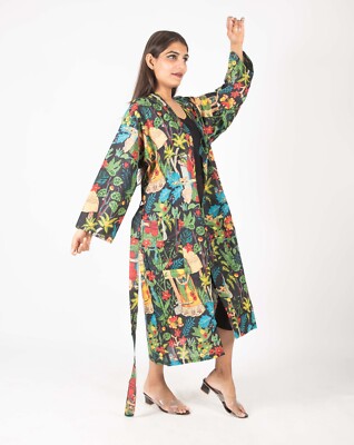 Indian Black Cotton Robe Long Kimono Sleepwear Frida Kahlo Night Suit Kimono US