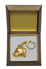 Staffordshire Bull Terrier, Staffie III - Porte-clés doré avec chien dans boîte 