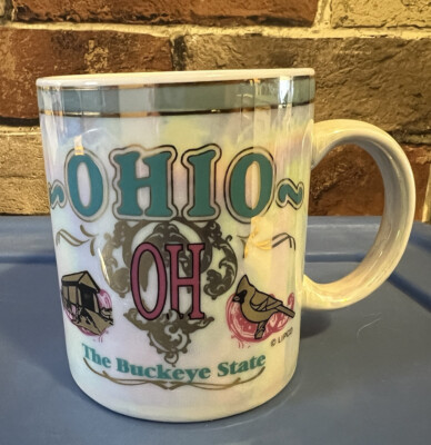 VINTAGE OHIO THE BUCKEYE STATE PEARL LUSTERWARE CERAMIC SOUVENIR MUG CUP RARE!!