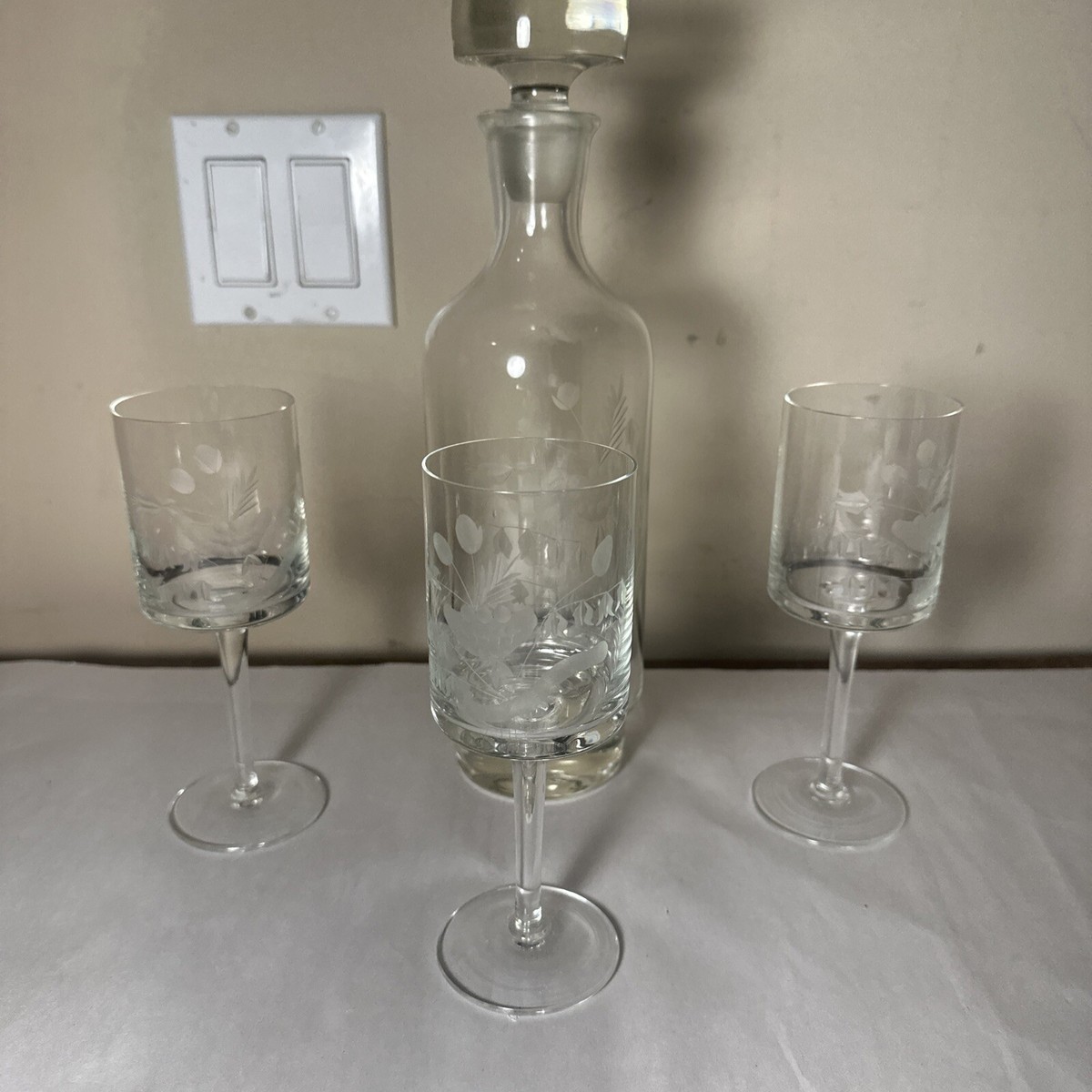 1980's Crystal Etched Floral Decanter & 3 Wine Glasses | eBay