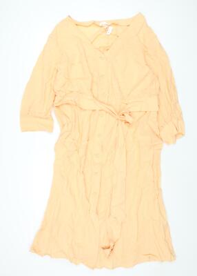 H&M Damen Etuikleid orange Baumwolle Größe 2XL V-Ausschnitt geknöpft - mit Gürtel