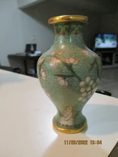 Vintage Small Cloisonne Vase Green Enamel Bud Cherry Blossoms
