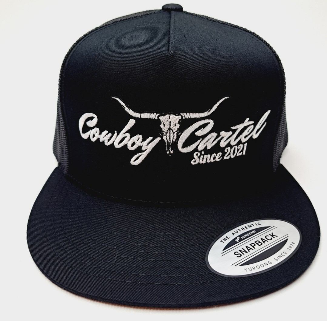 Western Retro Vintage Style Cowboy Cartel Flat Bill Snapback Mesh Trucker Hat ca Cowboy Cartel Flat Bill Trucker Mesh Snapback Cap HatBlack  main image 3