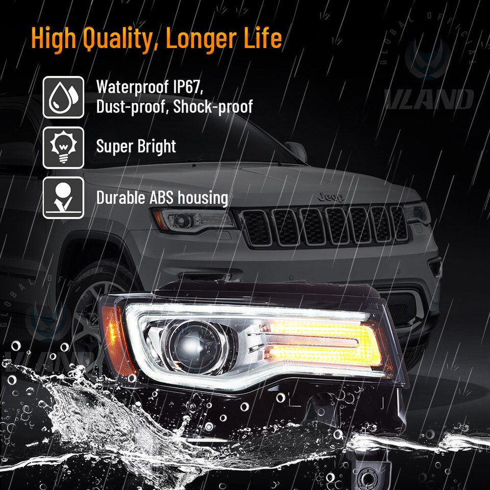VLAND Chrome LED Projector Headlights Fit 2011-13 Jeep Grand Cherokee Front Lamp