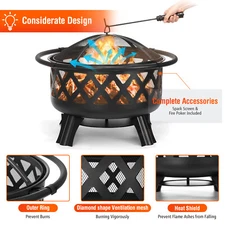 30 Inch Large Wood Burning Fire Pit Round with Steel BBQ Grill Outdoor Garden US