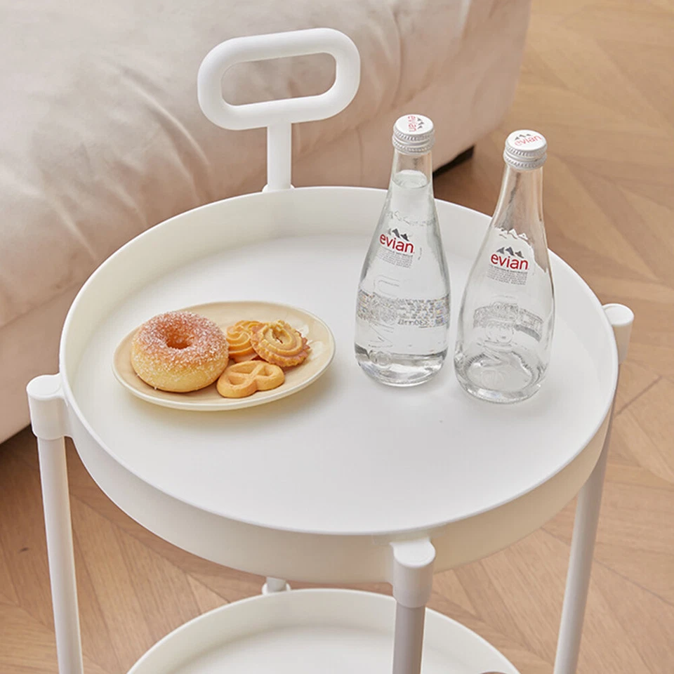 Bilayer Round End Table Side Table Nightstand w/ handle & Universal Wheels Home - Image 3 of 4