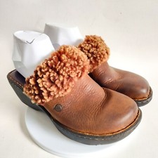 Born Brown Leather 2" Wedge Slip On Clogs Shearling Trim Womens Size 8 /39 Boho