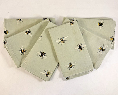 Sophie Allport Dinner Napkins Honey Bee Sage Green Cotton Set of 6 As Is