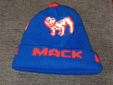 Vintage Blue Mack Truck Bulldog Beanie Cap Toboggan Sock Hat Red Pom Trucking